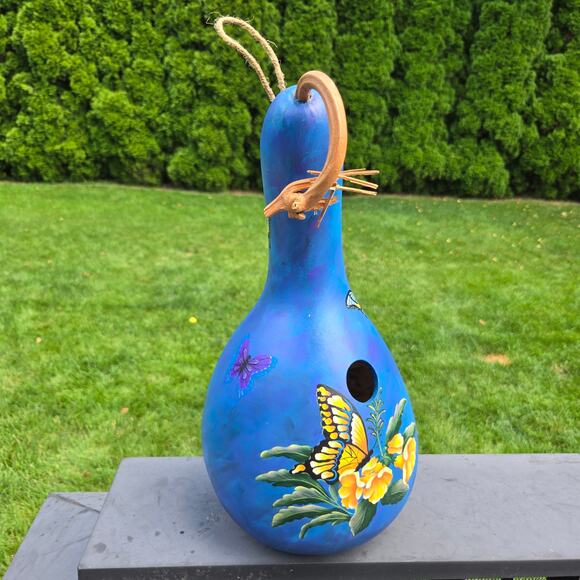 Handpainted Butterfly Hanging Gourd Birdhouse Blue Yellow Green Purple 16" - Picture 1 of 13